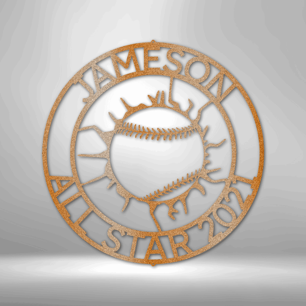 Metal Wall Art Sign with a sport theme. It shows the baseball ball that cracked the wall with an outer ring that your can personalize with your own names, date or any custom text. This picture shows the baseball design in the color copper