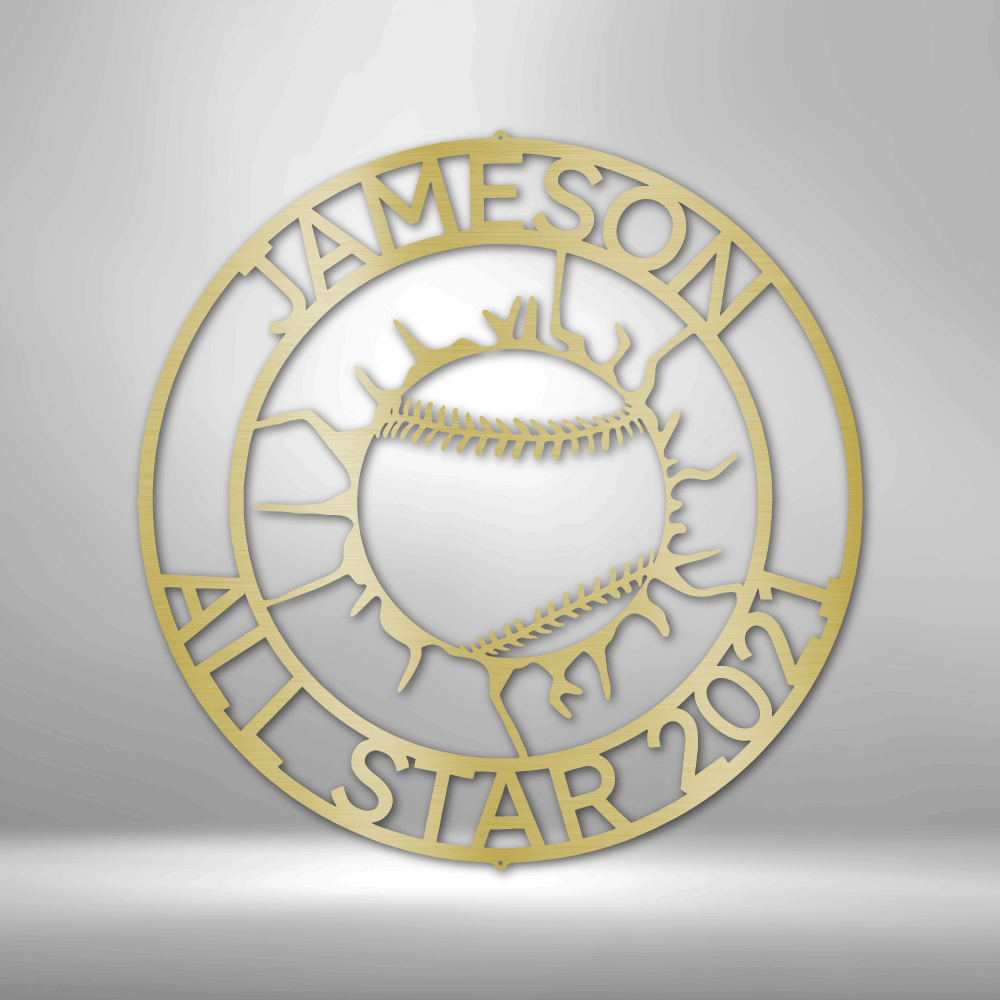 Metal Wall Art Sign with a sport theme. It shows the baseball ball that cracked the wall with an outer ring that your can personalize with your own names, date or any custom text. This picture shows the baseball design in the color gold
