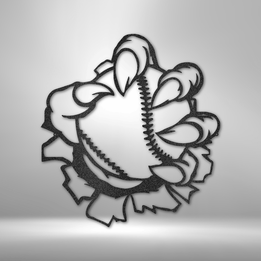 Metal wall art sign of a claw coming out of the wall while holding a baseball ball. Hang this on your wall as home decor. This picture shows the sport themed design in the color black