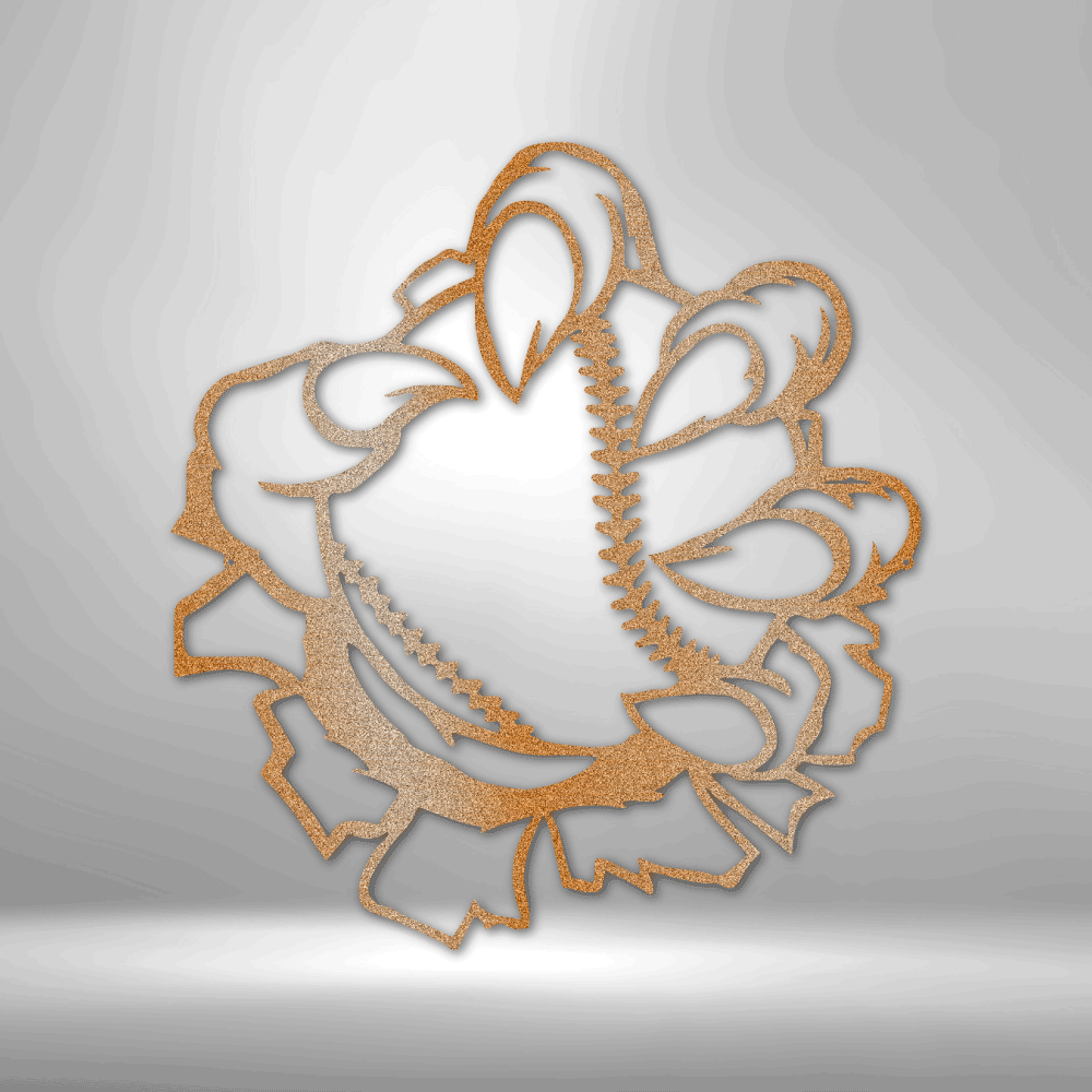 Metal wall art sign of a claw coming out of the wall while holding a baseball ball. Hang this on your wall as home decor. This picture shows the sport themed design in the color copper