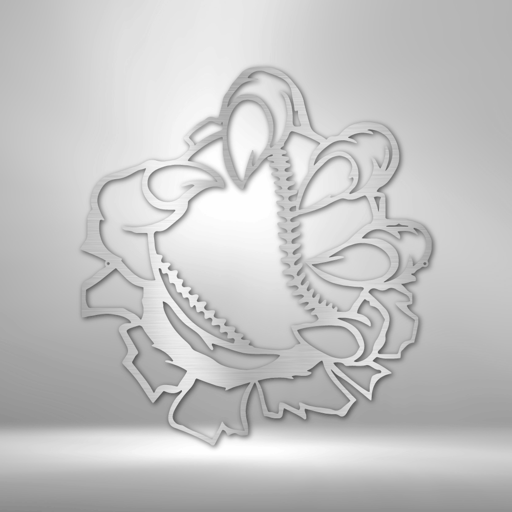 Metal wall art sign of a claw coming out of the wall while holding a baseball ball. Hang this on your wall as home decor. This picture shows the sport themed design in the color silver