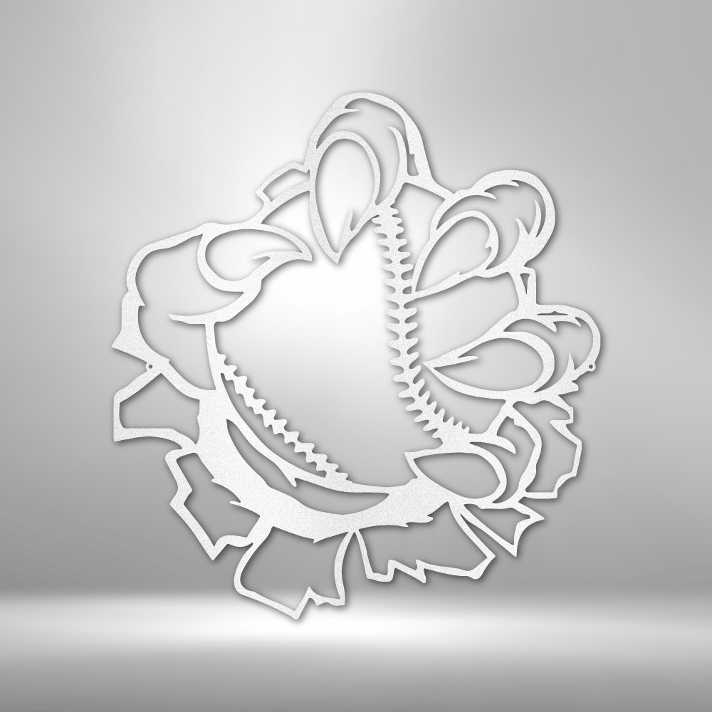 Metal wall art sign of a claw coming out of the wall while holding a baseball ball. Hang this on your wall as home decor. This picture shows the sport themed design in the color white