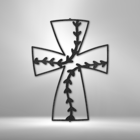Metal wall art sign of a christian cross with a pattern of baseball stitches. This is a wall art design that you can use as a sports decor. This picture shows the steel design in the color black