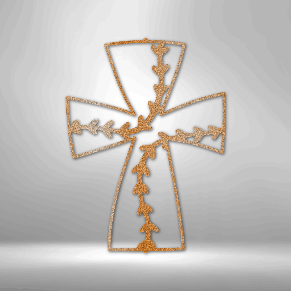 Metal wall art sign of a christian cross with a pattern of baseball stitches. This is a wall art design that you can use as a sports decor. This picture shows the steel design in the color copper