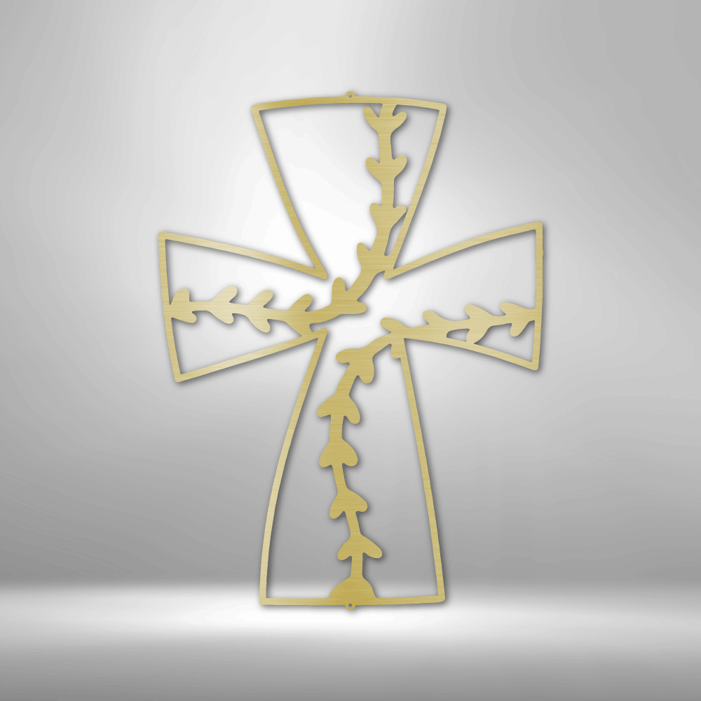 Metal wall art sign of a christian cross with a pattern of baseball stitches. This is a wall art design that you can use as a sports decor. This picture shows the steel design in the color gold