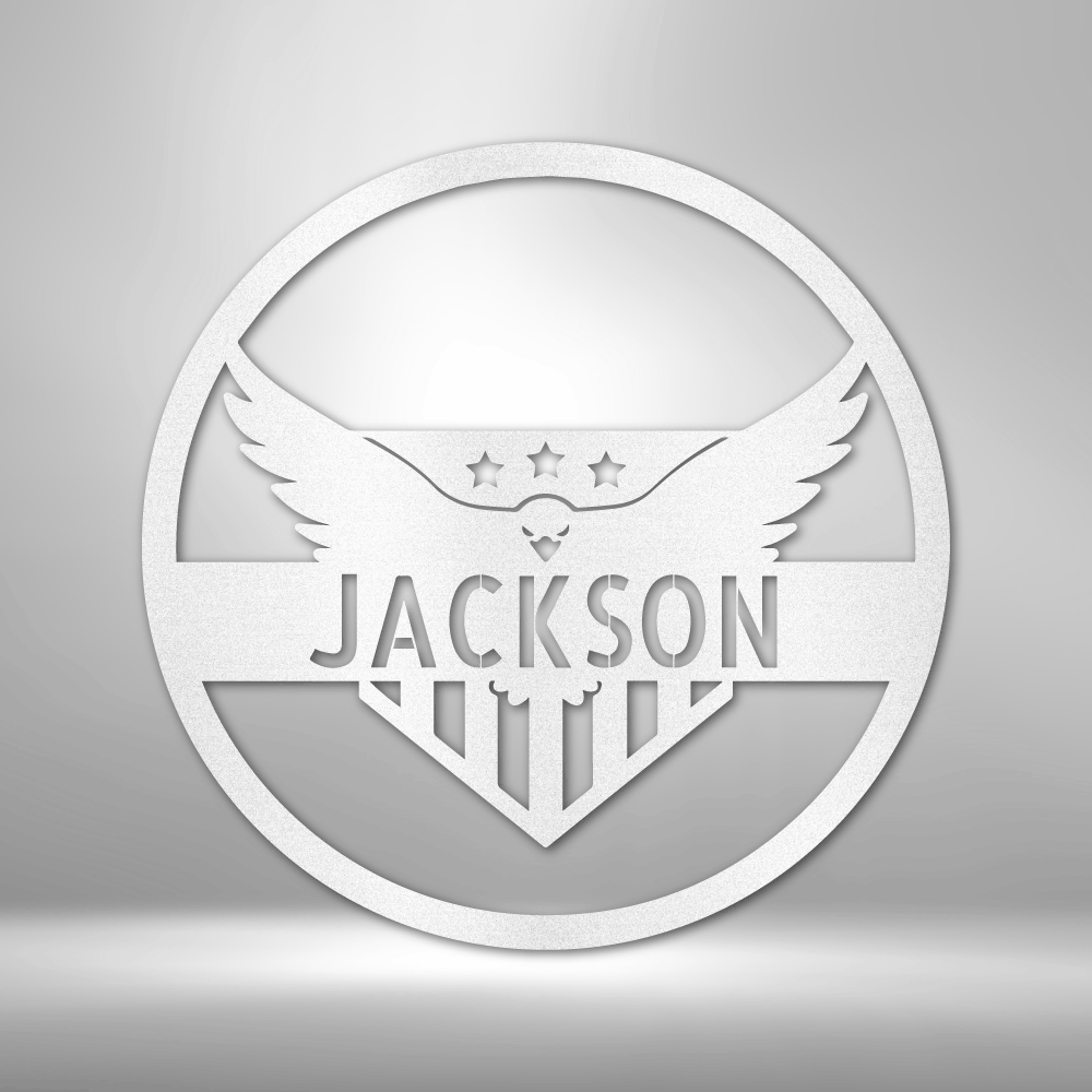 Metal wall art sign as home decor featuring a american bald eagle with the american flag inside a circle. Personalize this design with your own name or text. Hang it on the wall. Available in the color white