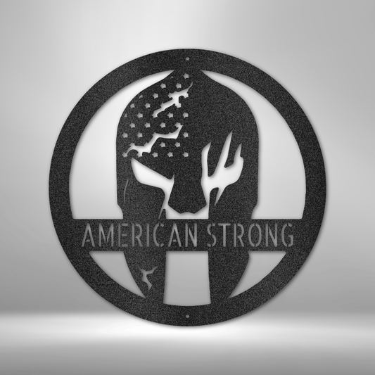 Spartan Helmet Metal Wall Art in a circle with the American Stars and the option to personalize it in the color black