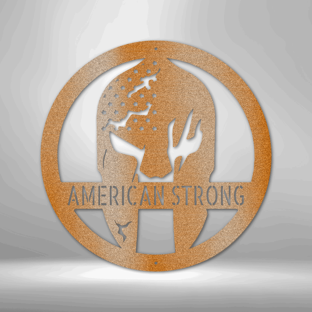 Spartan Helmet Metal Wall Art in a circle with the American Stars and the option to personalize it in the color copper
