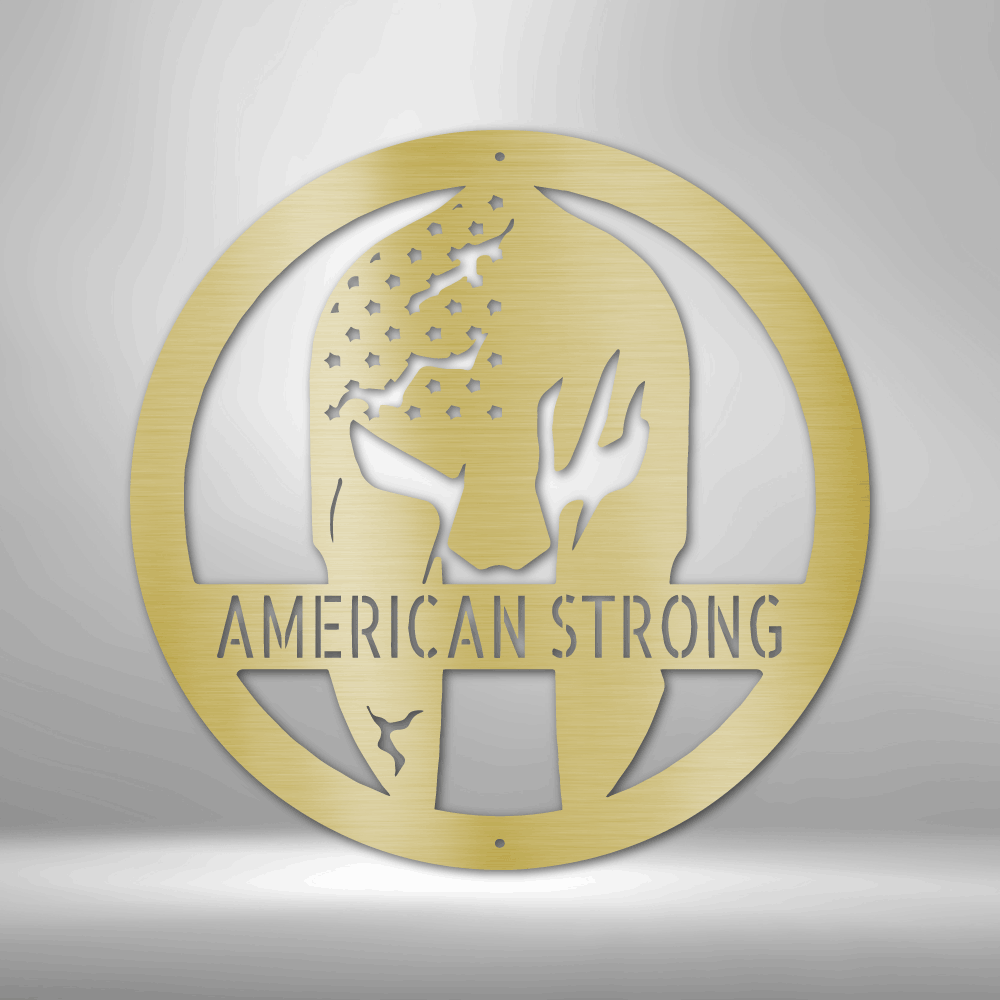 Spartan Helmet Metal Wall Art in a circle with the American Stars and the option to personalize it in the color gold