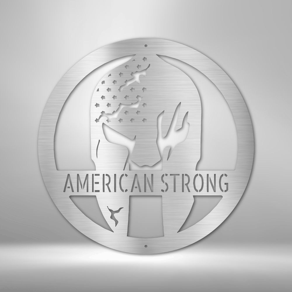 Spartan Helmet Metal Wall Art in a circle with the American Stars and the option to personalize it in the color silver
