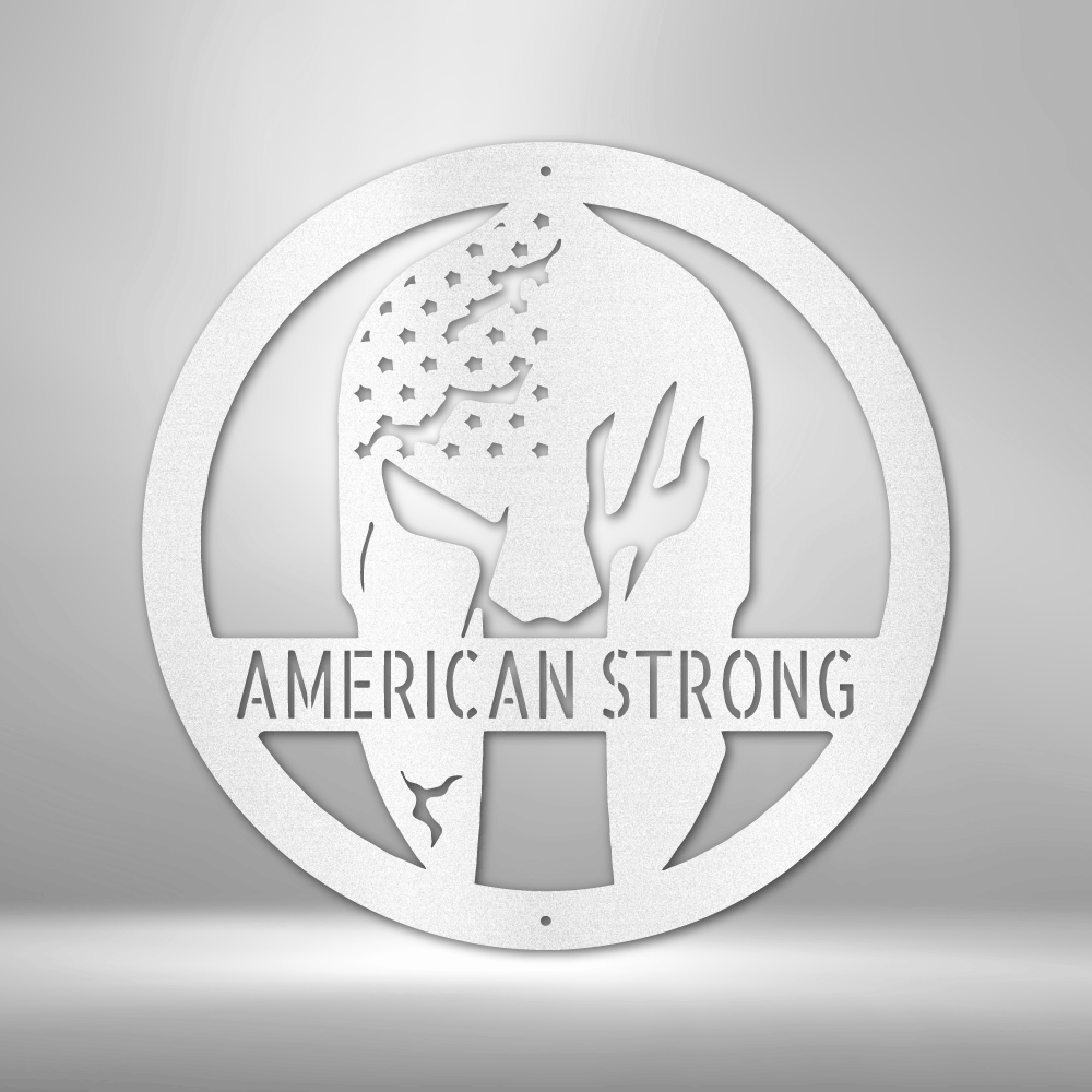 Spartan Helmet Metal Wall Art in a circle with the American Stars and the option to personalize it in the color white