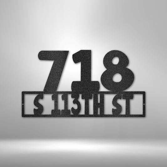 House number and streetname on a address metal sign you can hang next to your front door or on your porch. You can customize it with your own house number and text. This one is powder coated in the color black