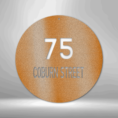 Circle with house number and street name to customize in the color copper