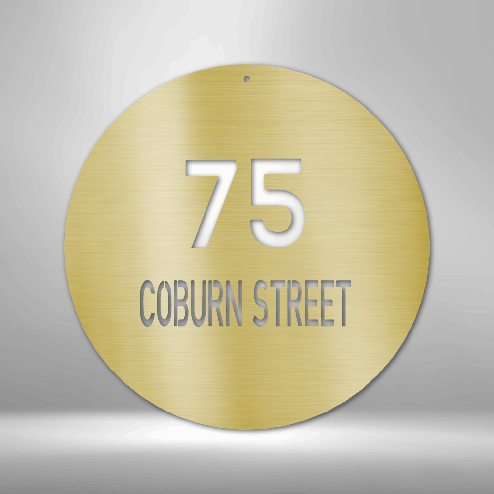 Circle with house number and street name to customize in the color gold