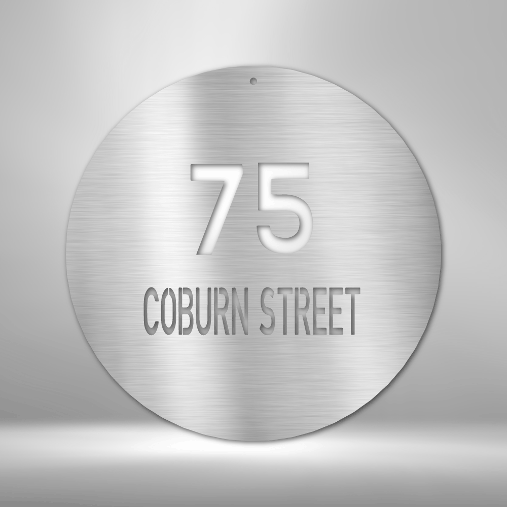 Circle with house number and street name to customize in the color silver