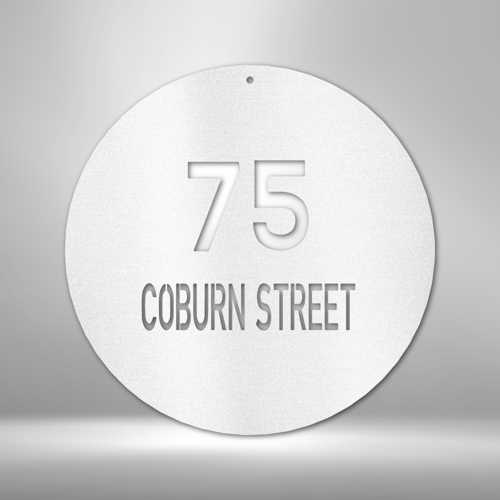 Circle with house number and street name to customize in the color white