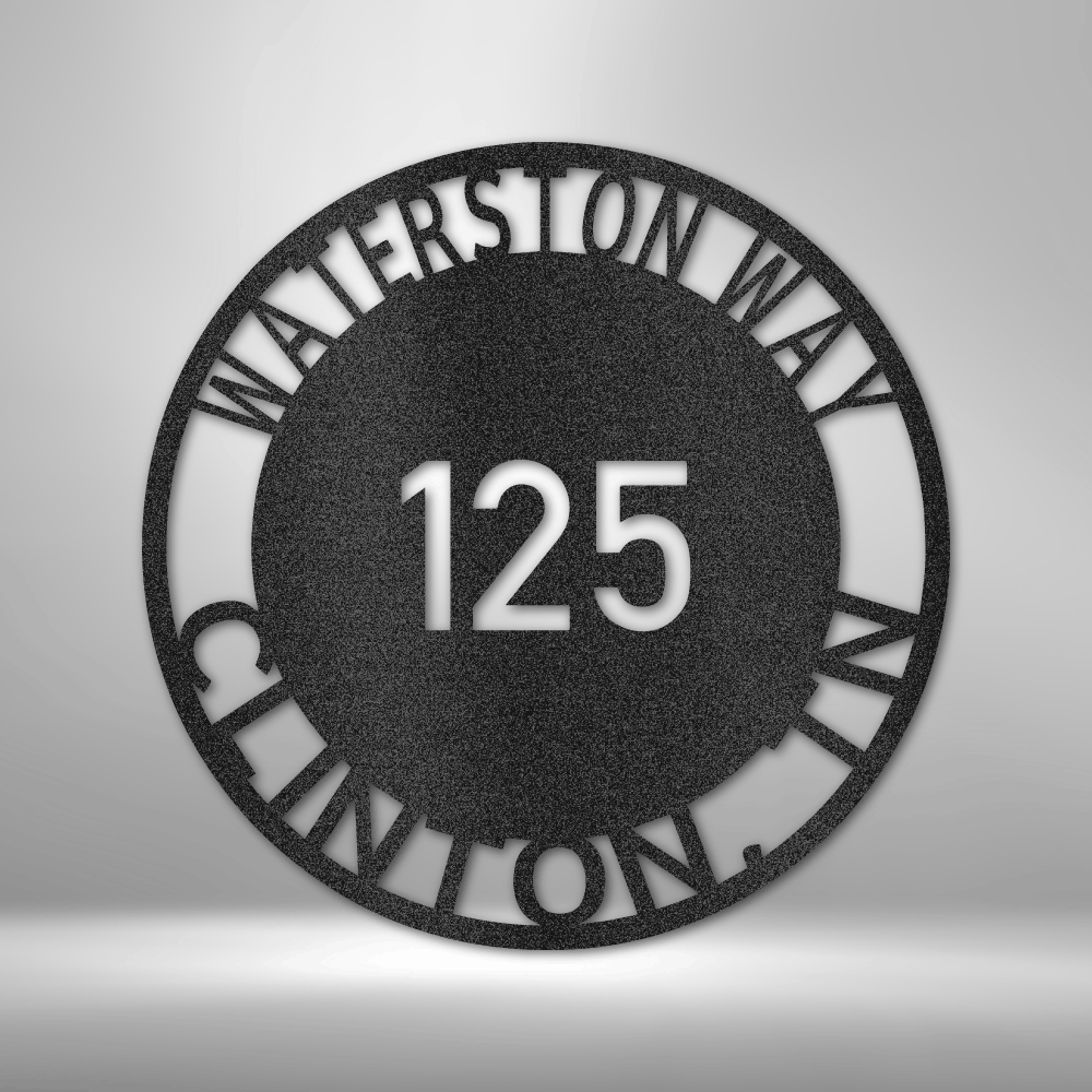 Metal wall art sign for your address. It is a circle with your street name or familly name that you can hang next to your front door, on your porch or a fence. This picture shows the design in the color black