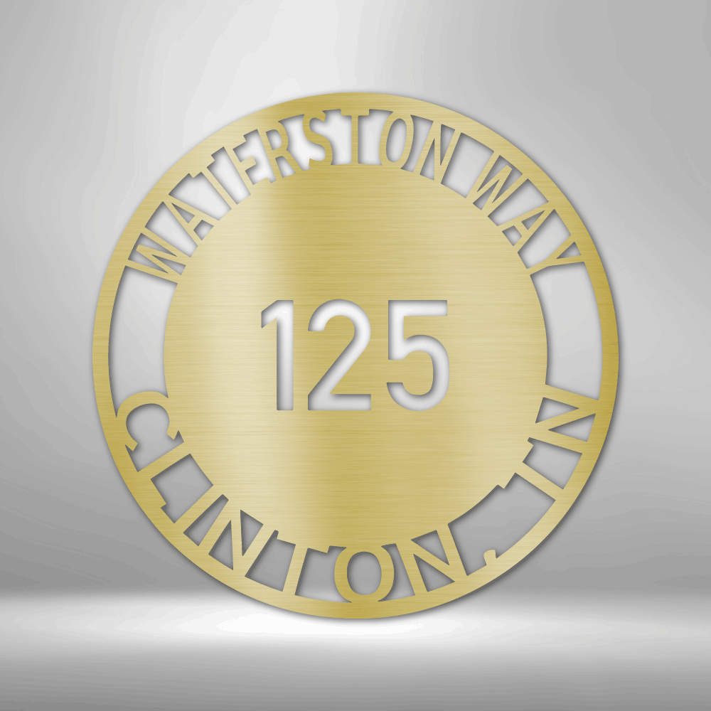 Metal wall art sign for your address. It is a circle with your street name or familly name that you can hang next to your front door, on your porch or a fence. This picture shows the design in the color gold