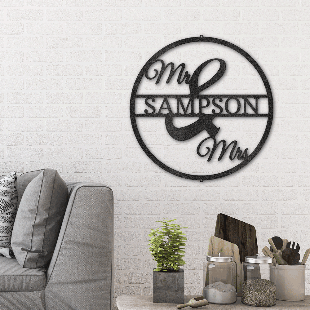 Metal Wall Art Sign hanging as home decor with the mr and mrs design. Add your last name to it as a personalization. This picture shows the design in the color black