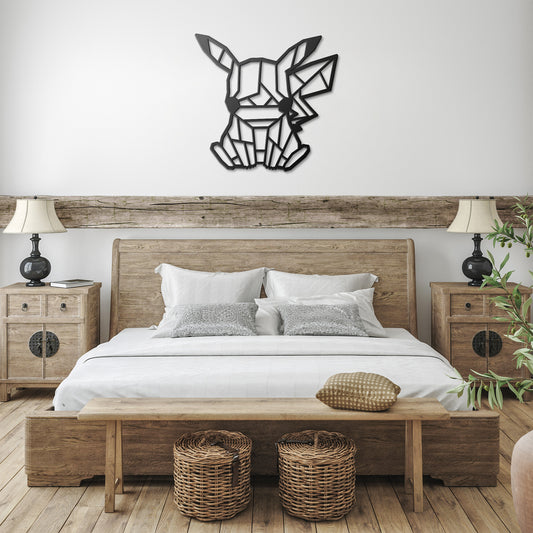 Metal Wall Art Sign of pikachu in geometric style hanging on the wall. This picture shows the design of this pokemon in the color black