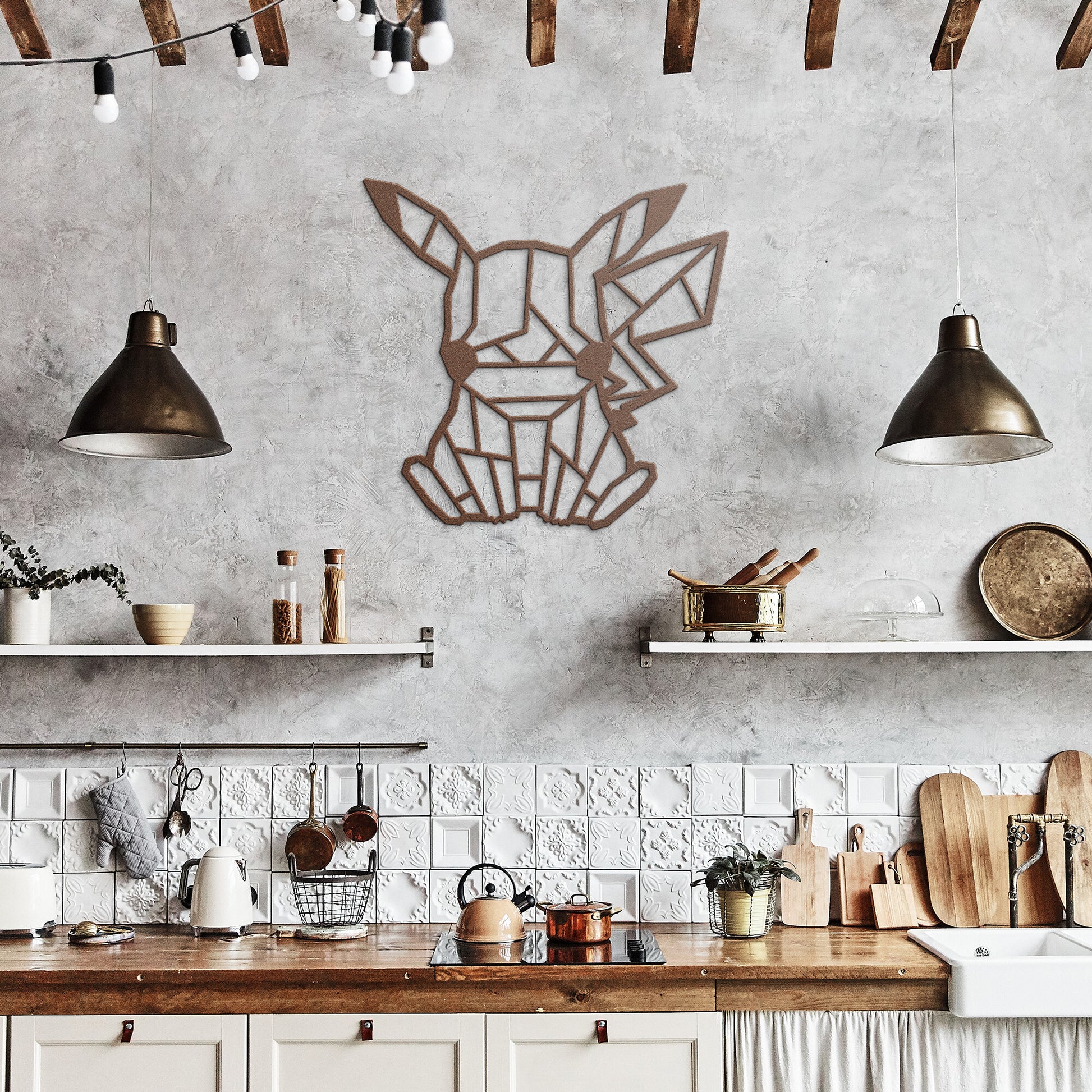 Metal Wall Art Sign of pikachu in geometric style hanging on the wall. This picture shows the design of this pokemon in the color copper
