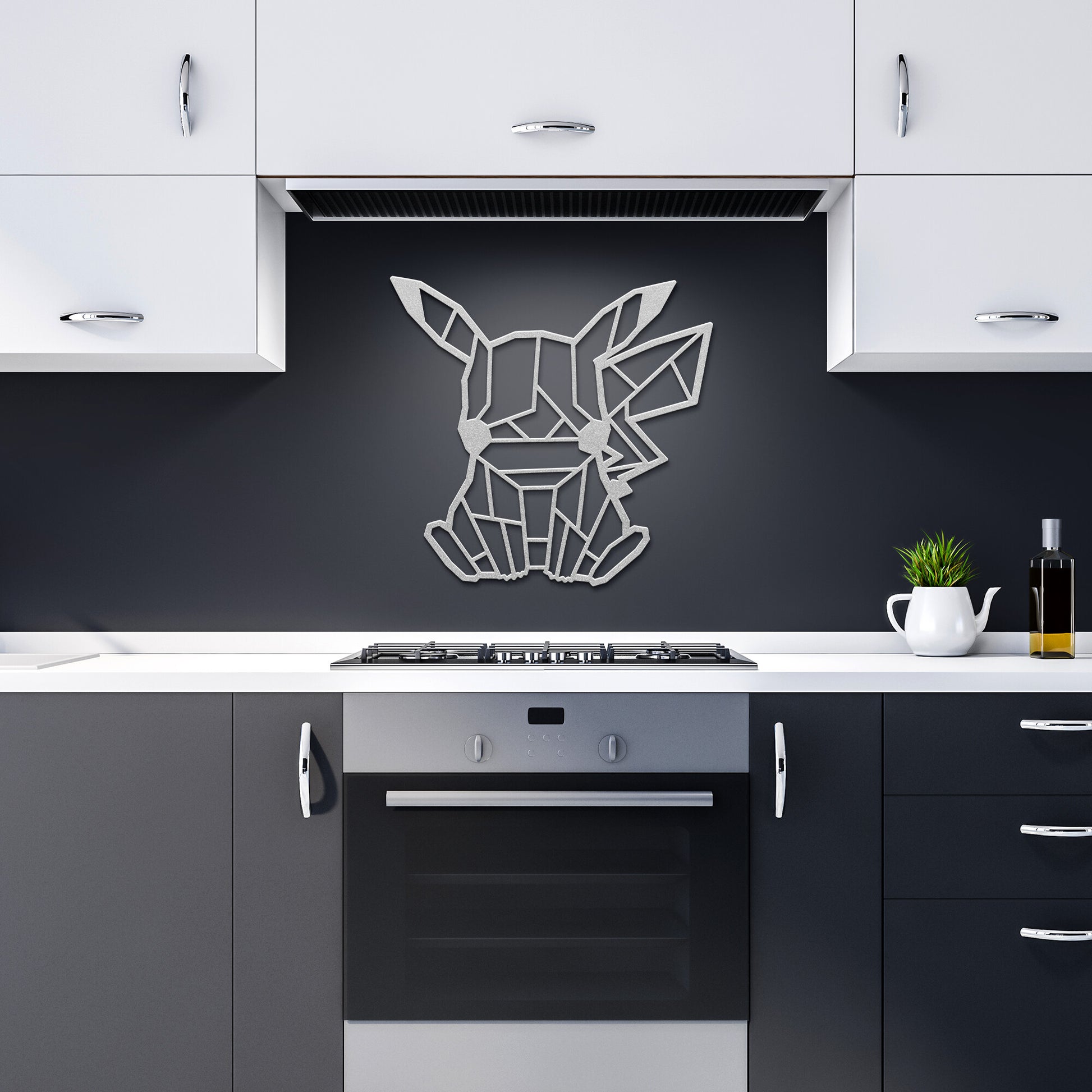 Metal Wall Art Sign of pikachu in geometric style hanging on the wall. This picture shows the design of this pokemon in the color silver