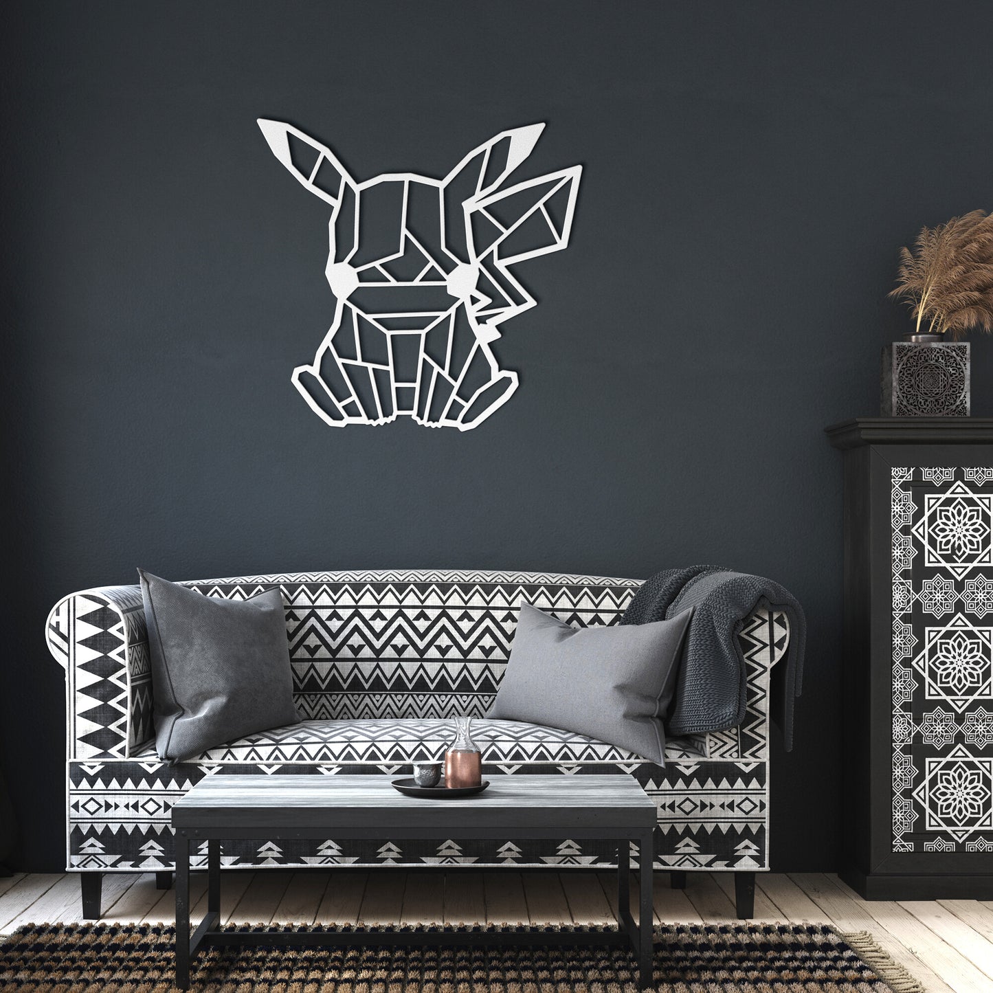 Metal Wall Art Sign of pikachu in geometric style hanging on the wall. This picture shows the design of this pokemon in the color white