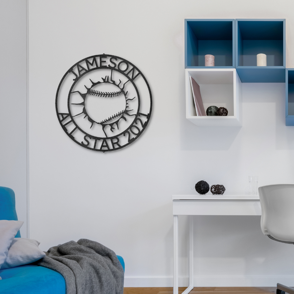 Metal Wall Art Sign with a sport theme. It shows the baseball ball that cracked the wall with an outer ring that your can personalize with your own names, date or any custom text. This picture shows the baseball design in the color black