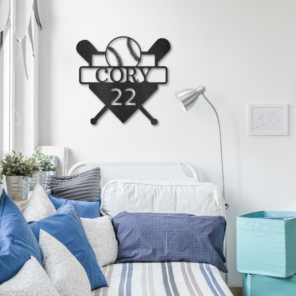 Personalized Metal wall art sign with a baseball sport theme. Hang this art of baseball bats, home plate and ball on the wall of your bedroom or man cave. This picture shows the design in the color black