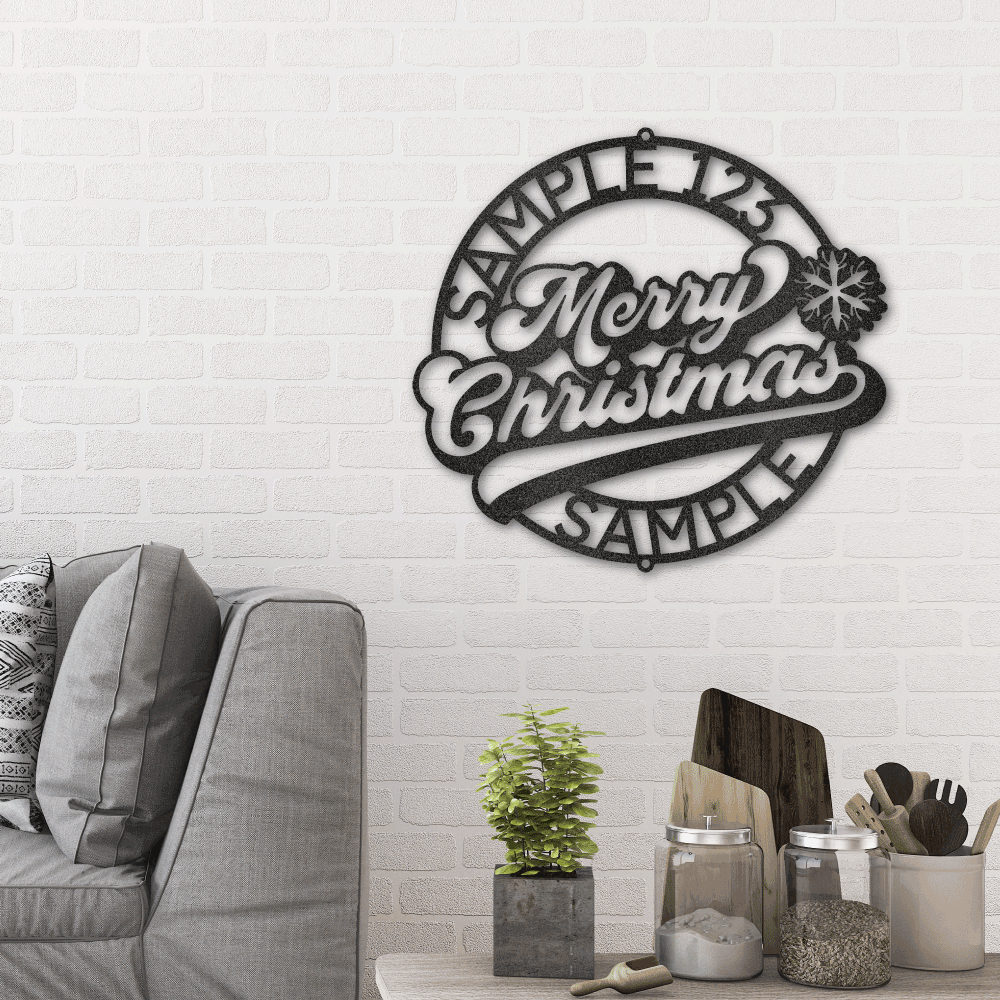 metal wall art sign of a christmas themed design with the merry christmas inside. You can personalize the outer ring with your own name, date or text. This picture shows this christmas wall art decor in the color black