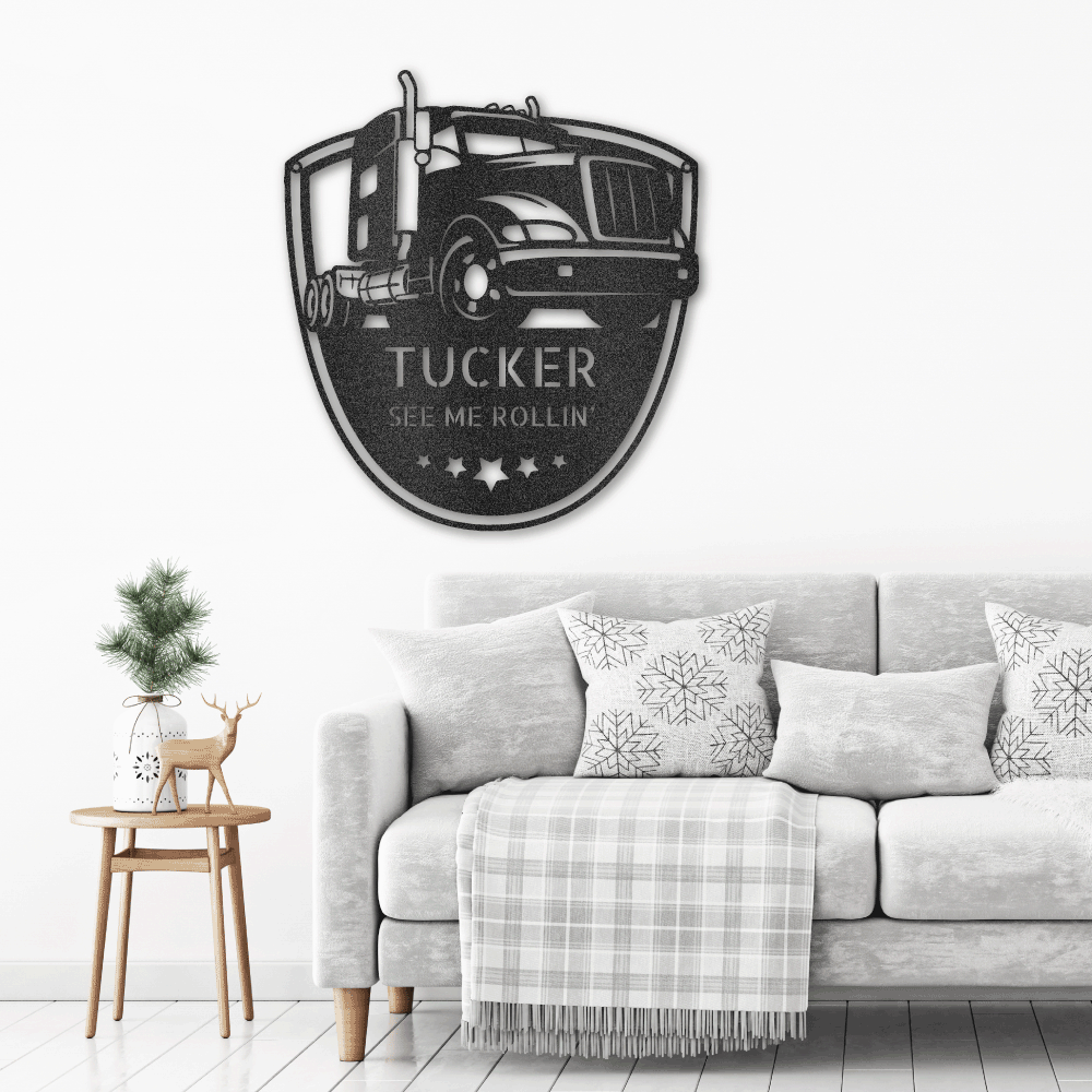 Metal Wall Art of a American Truck with two lines of custom text and 5 stars hanging on a wall in the color black
