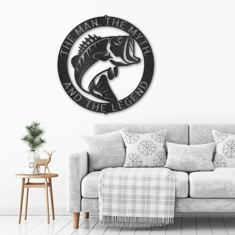 Steel metal art Bass Fish in a circle with text hanging on the wall