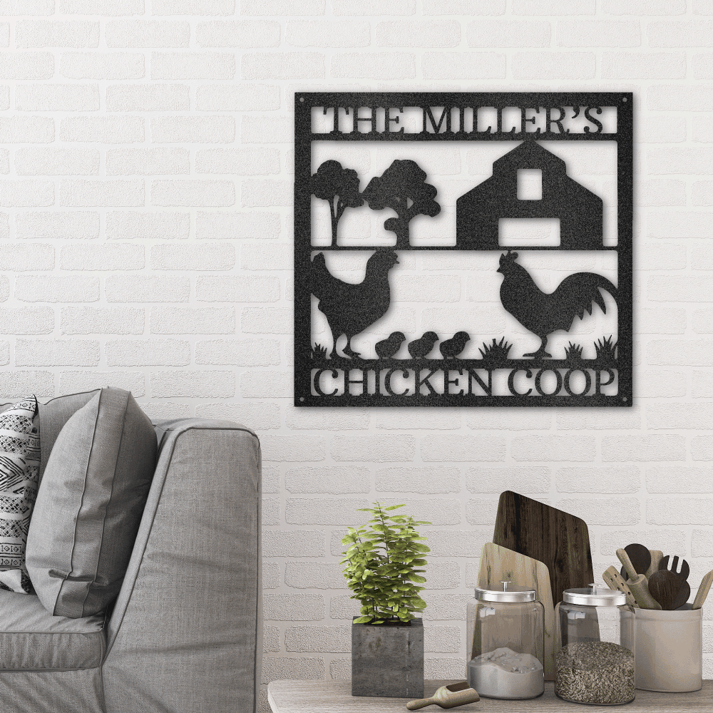 Metal wall art sign of a chicken coop that you can personalize with your own name or text and hang on your wall as home decor. This picture shows the farm style design in the color black