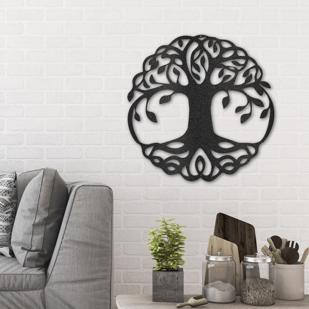 Metal Wall Art of a classic design tree of life hanging on a wall in black