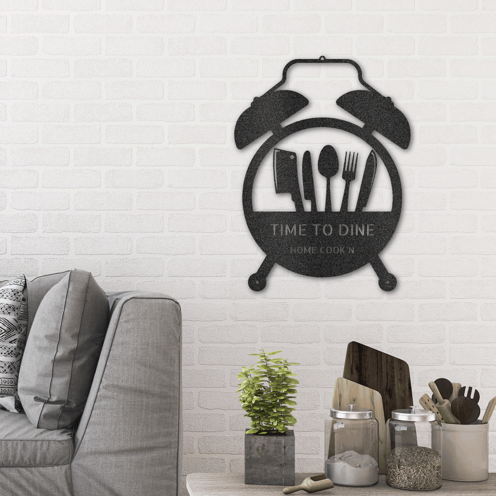 Retro Alarm Clock Metal Wall Art Sign With A Cooking Theme hanging on the wall in the color black