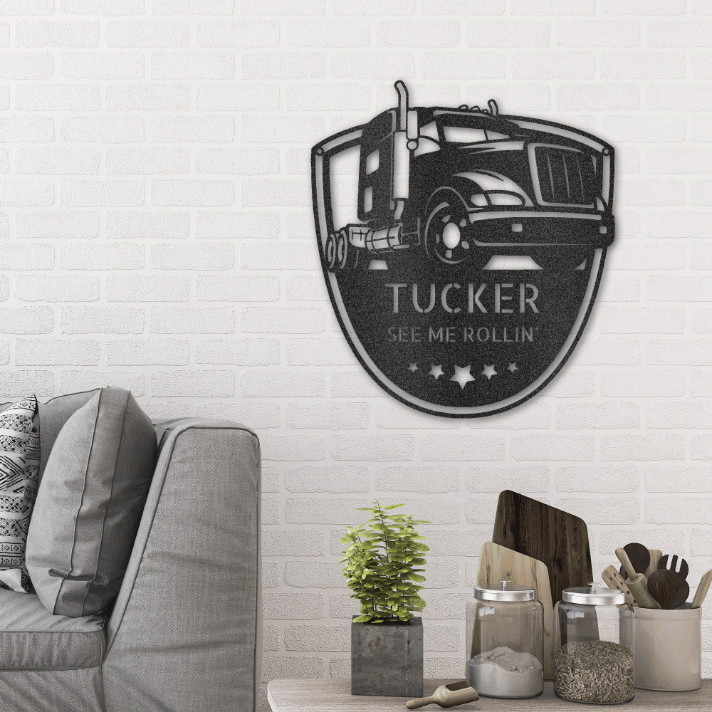 Metal Wall Art of a American Truck with two lines of custom text and 5 stars hanging on a wall in the color black