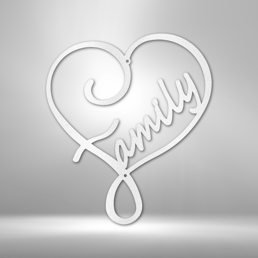 Family inside a heart metal wall art sign hanging on the wall in the color white
