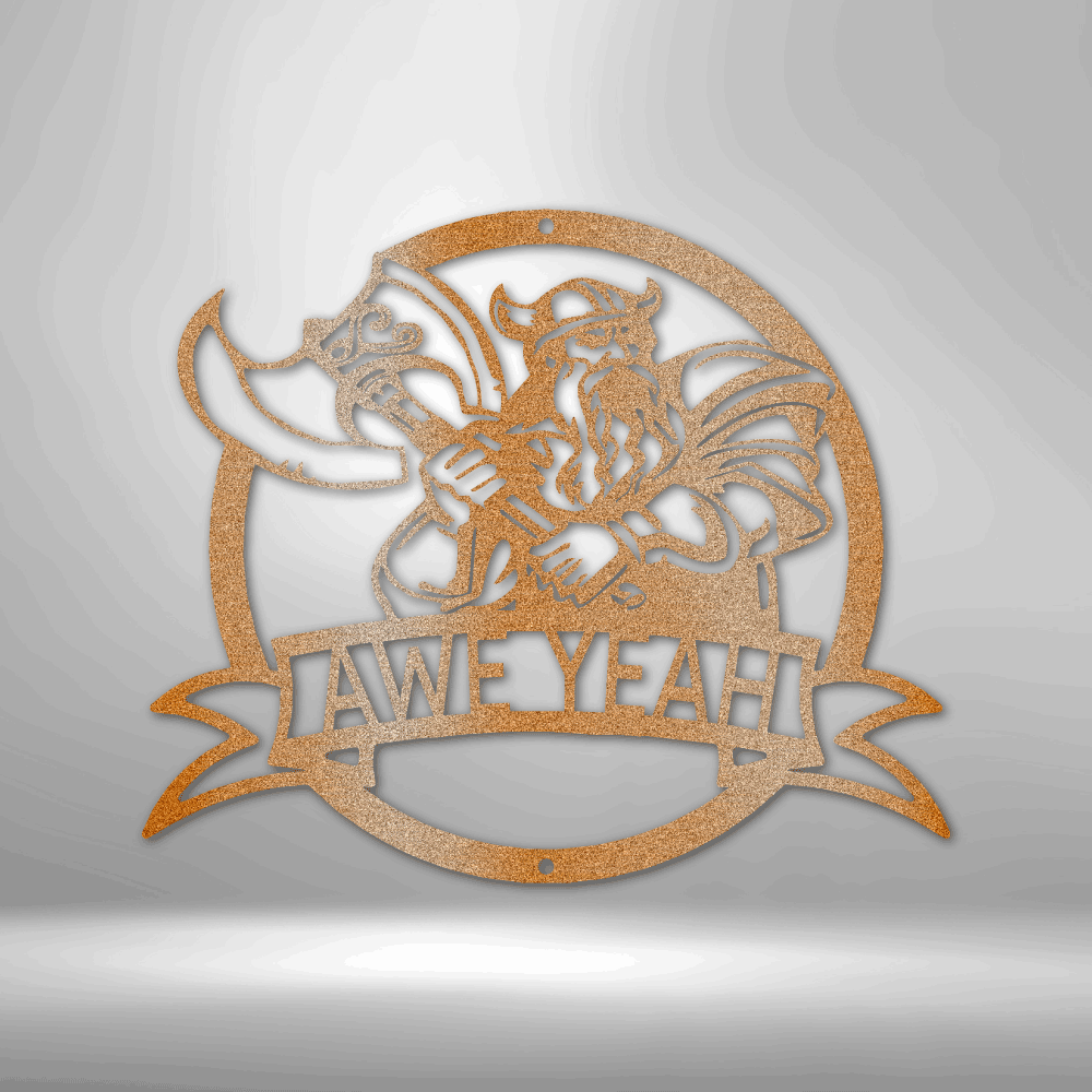 metal wall art sign of a viking warrior with a battle axe. Personalize this design with your a name or any text. This picture shows the design in the color copper
