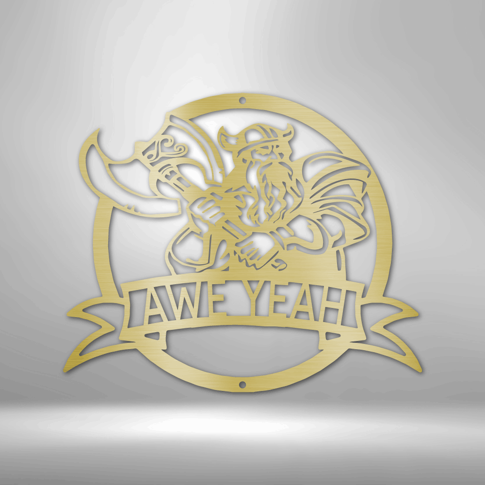 metal wall art sign of a viking warrior with a battle axe. Personalize this design with your a name or any text. This picture shows the design in the color gold