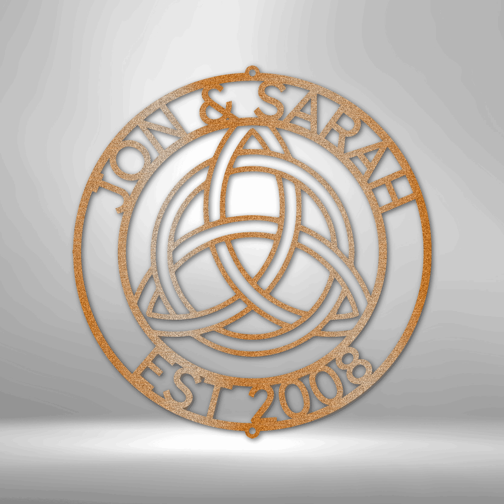 metal wall art sign of a Celtic Knot that you can pesonalize with your own names, date or text. Hang this during as home decor on your wall. This picture shows the design in the color copper