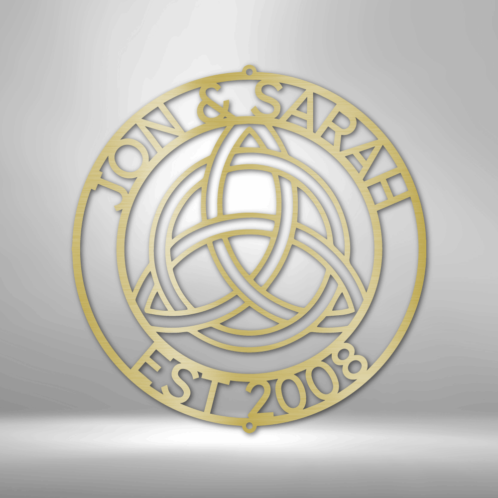 metal wall art sign of a Celtic Knot that you can pesonalize with your own names, date or text. Hang this during as home decor on your wall. This picture shows the design in the color gold