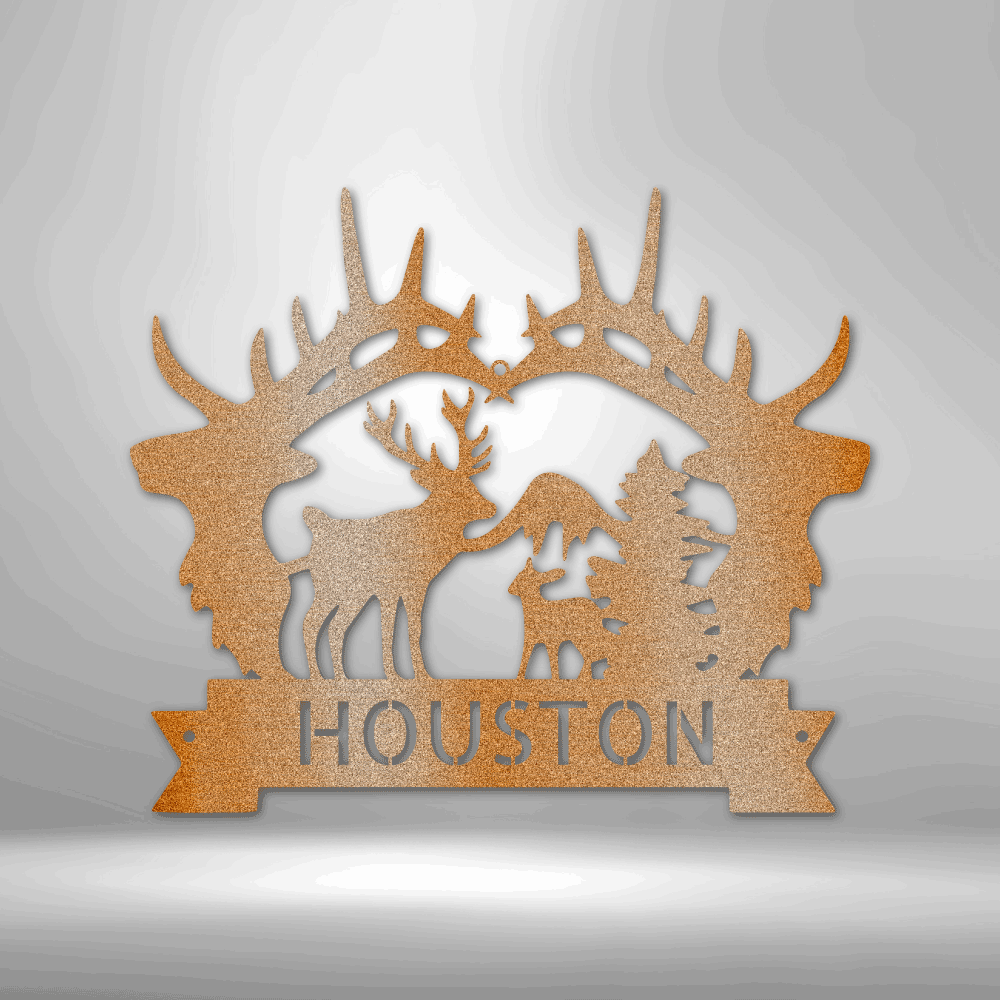 Metal wall art sign of 2 deer heads and a deer scenery. Personalize this design with your own custom name or message. This picture show the design in the color copper