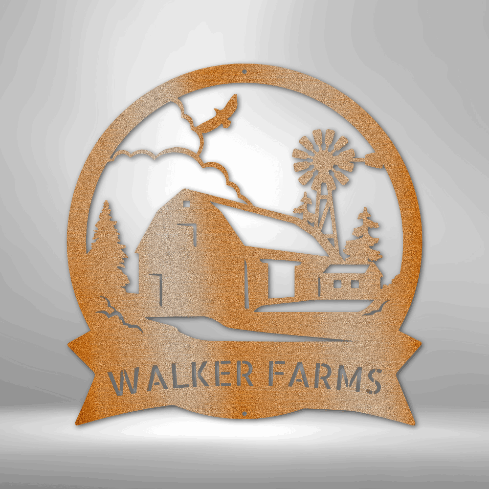 Metal wall art sign of a barn farm house with a custom family name. Hang this as home decor on your wall. The picture shows the custom steel sign in the color copper