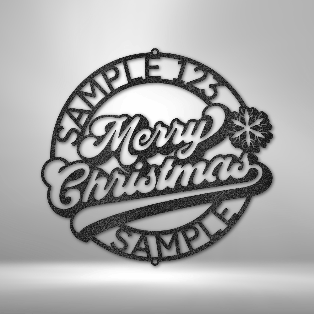 metal wall art sign of a christmas themed design with the merry christmas inside. You can personalize the outer ring with your own name, date or text. This picture shows this christmas wall art decor in the color black