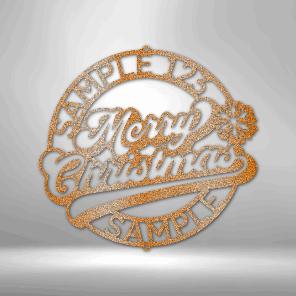 metal wall art sign of a christmas themed design with the merry christmas inside. You can personalize the outer ring with your own name, date or text. This picture shows this christmas wall art decor in the color copper