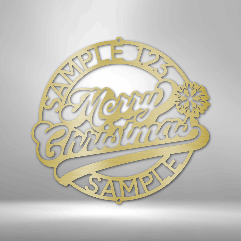 metal wall art sign of a christmas themed design with the merry christmas inside. You can personalize the outer ring with your own name, date or text. This picture shows this christmas wall art decor in the color gold