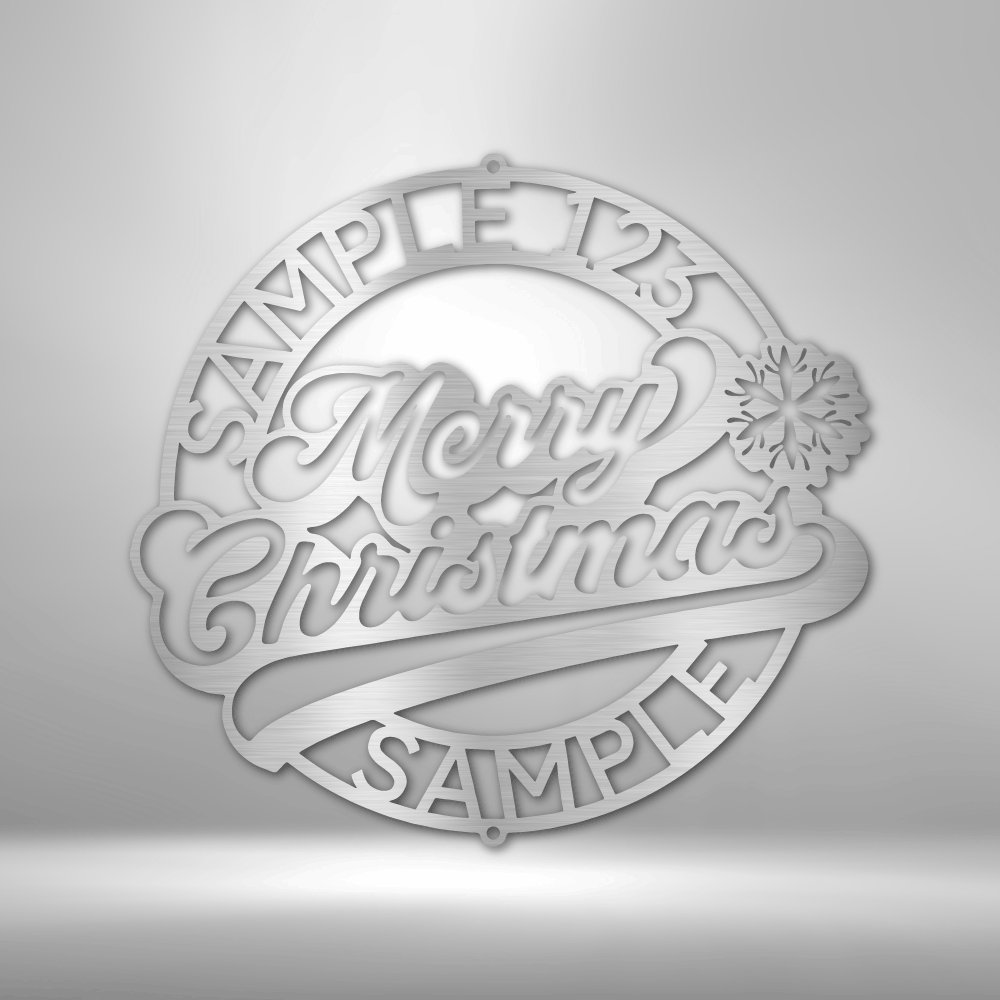 metal wall art sign of a christmas themed design with the merry christmas inside. You can personalize the outer ring with your own name, date or text. This picture shows this christmas wall art decor in the color silver