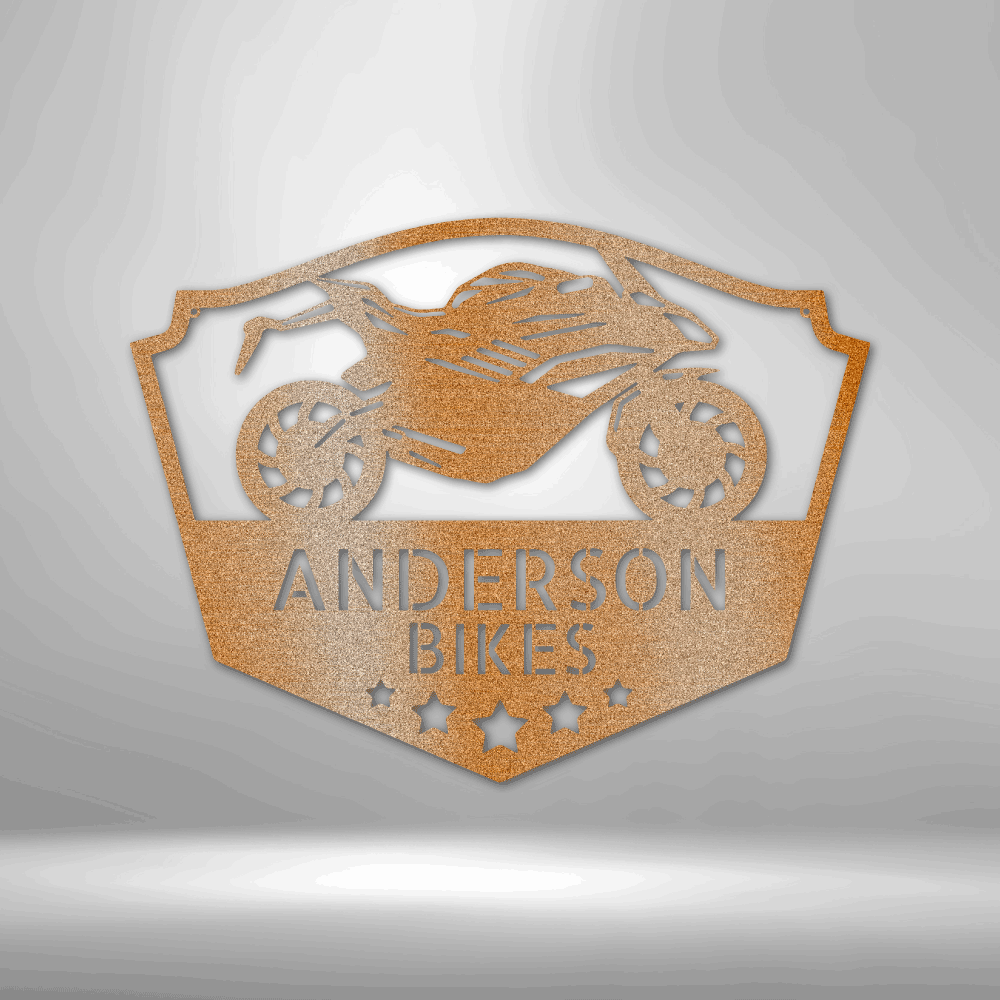Metal wall art sign of a motorcycle to use as decor in a workshop, garage, bike shop or man cave. This picture show the design in the color copper