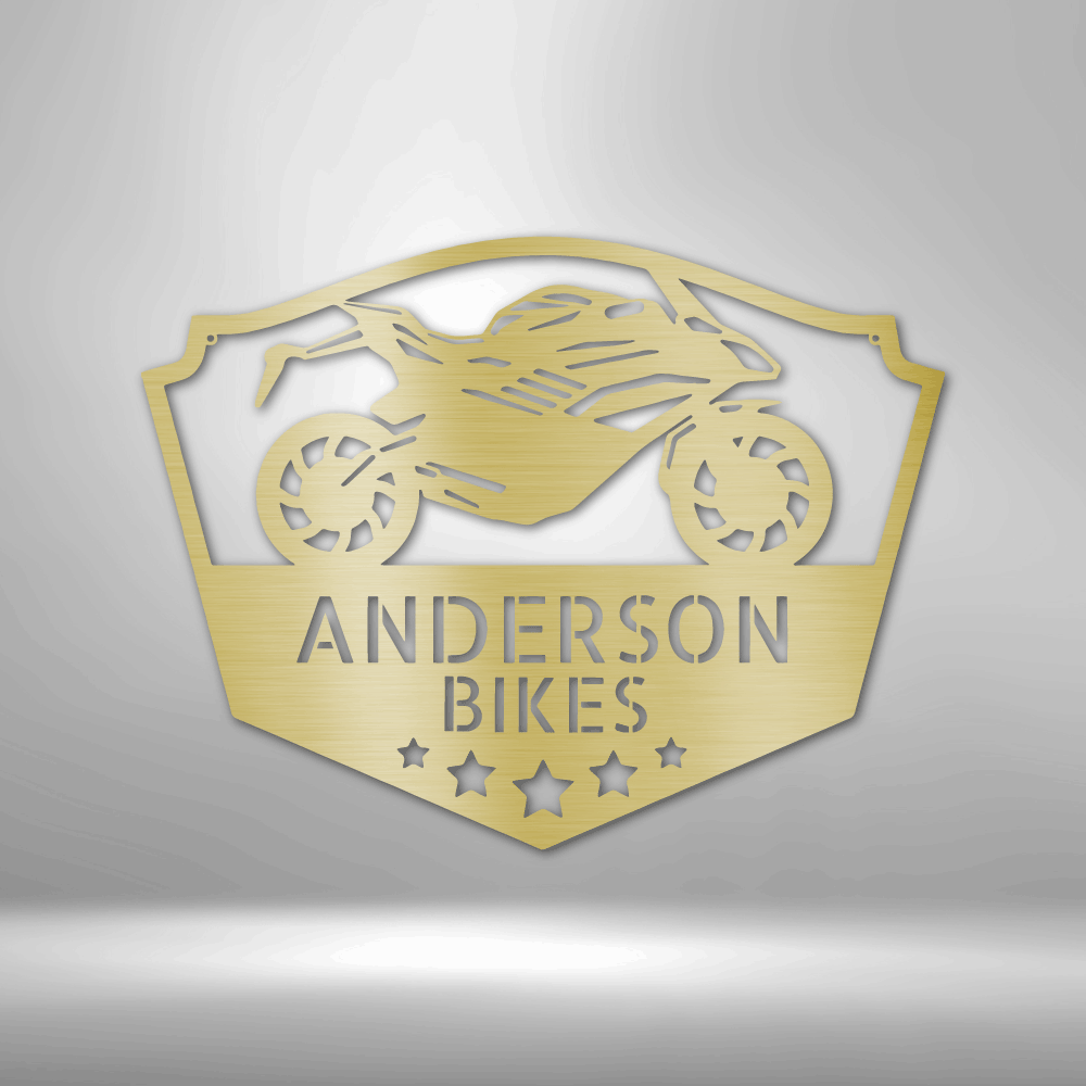 Metal wall art sign of a motorcycle to use as decor in a workshop, garage, bike shop or man cave. This picture show the design in the color gold