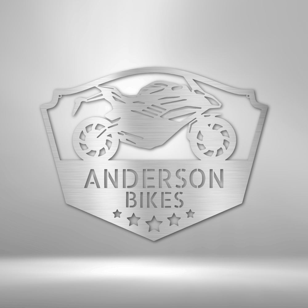 Metal wall art sign of a motorcycle to use as decor in a workshop, garage, bike shop or man cave. This picture show the design in the color silver